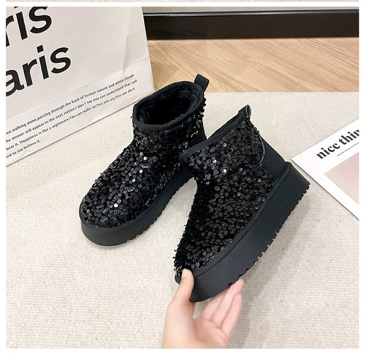 Winter New Warm 4CM Platform Snow Boots Black Bling Sequined Cloth Wool Lined Women Fashion Boots Luxurious shiny suede boots