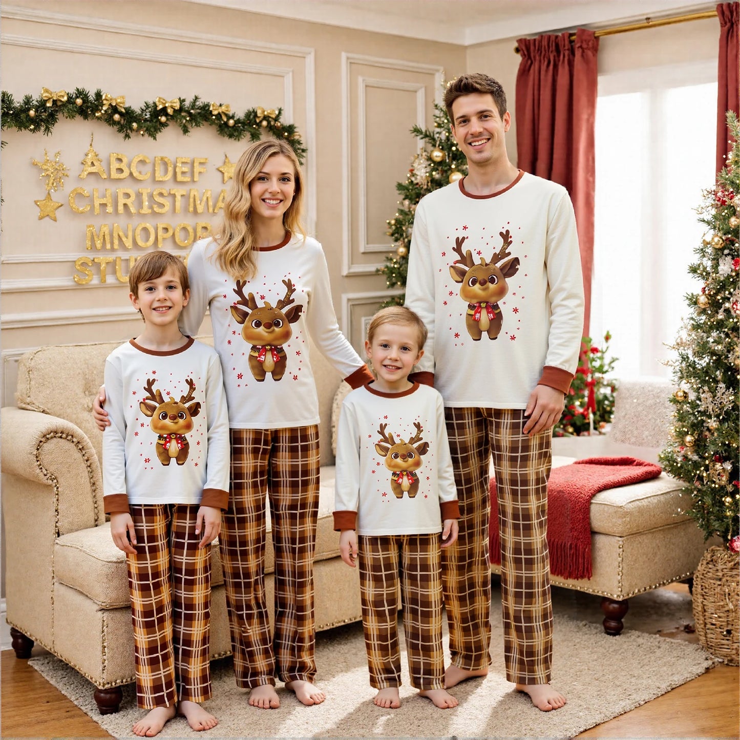 Christmas Family Pajamas Matching Sets Mom Dad Kids Long Sleeve Elk Print Tops and Plaid Pants Sleepwear Family Xmas Pajamas