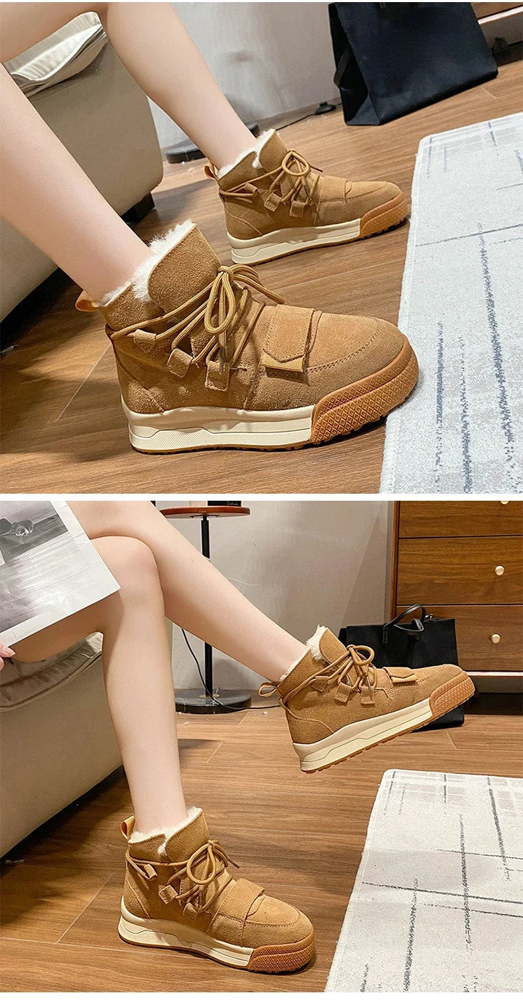Winter Snow Boots Women Genuine Cow Leather Artificial Wool Solid Color Lace-up 2024 Warm Ladies Shoes Handmade