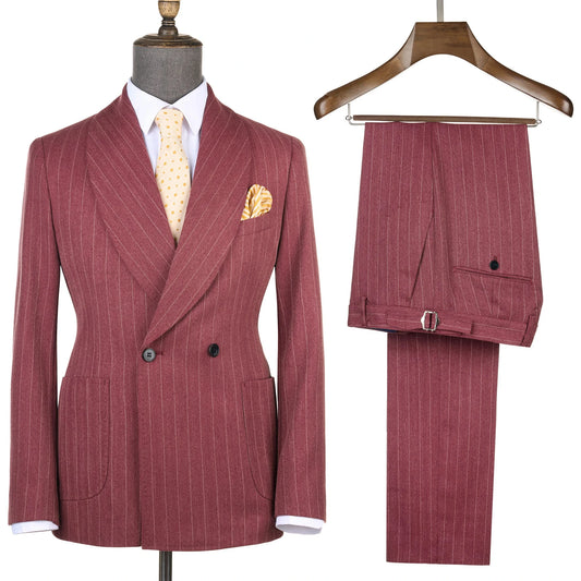 2025 Men Suits Maroon Striped Office Wear Wedding Double-Breasted With Patch Pocket Tailor-Made For Meeting