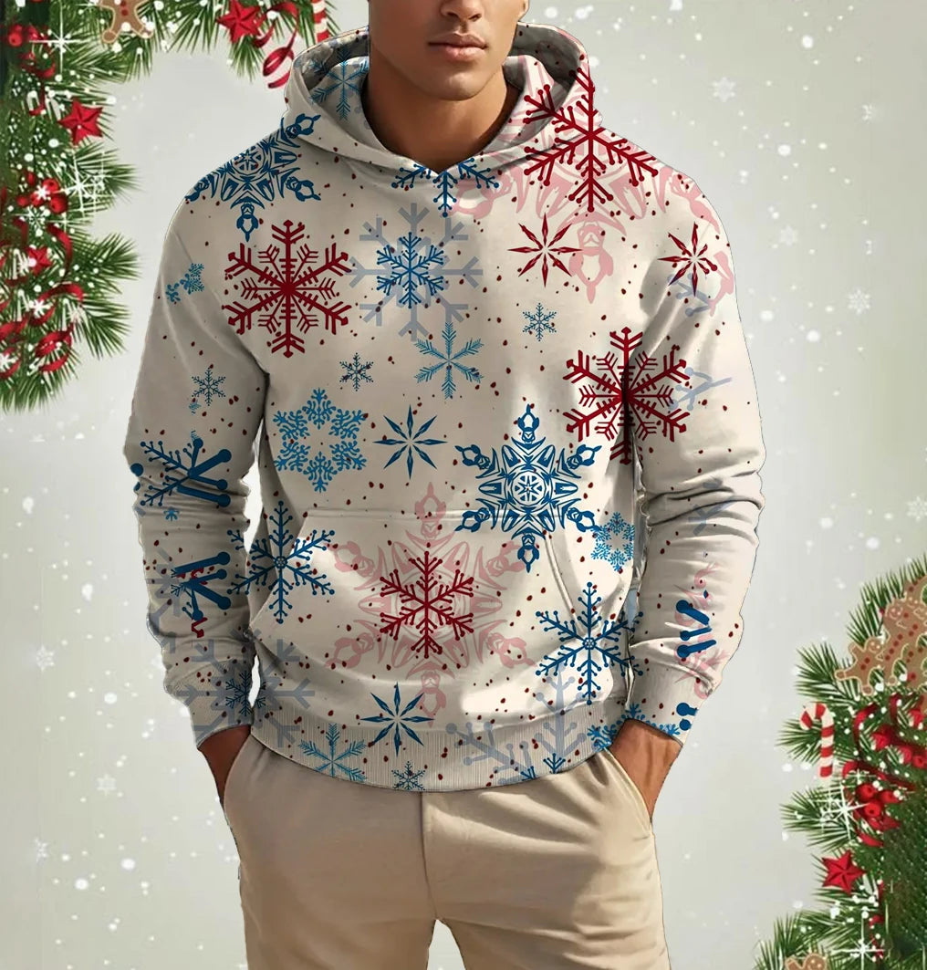 Fashion Hoodies for Men Christmas Snowflake Pattern 3D Printed Tops Autumn Winter Long Sleeved Oversized Christmas Theme Hooded