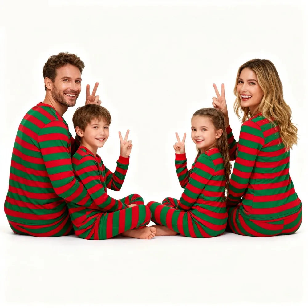 Family Matching Christmas Pajamas Sets Red Green Striped Sleepwear Xmas Festive Pjs for Dad Mom Kids Baby Loungewear Outfits