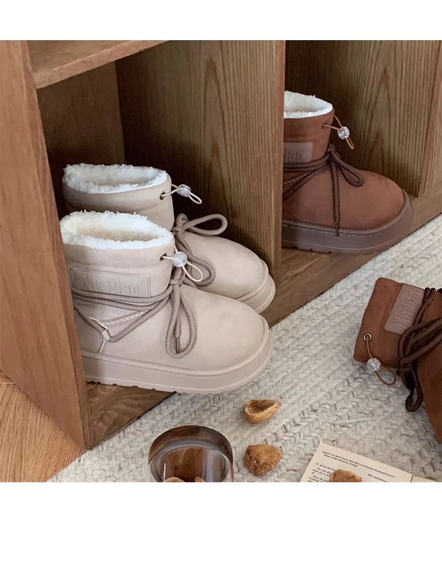 Winter Outdoor Women Ankle Snow Boots Ladies Plush Warm Shoes Classic Ultra Platform Cow Suede Furry Hook & Loop Flat Booties