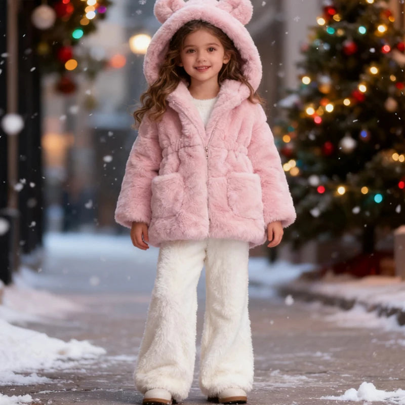Girls' Winter Clothes Soft Cozy Fleece Hooded Coat Faux Fur Thicken Warm Girl Coat With Cute Ears Thick Warm Outwear Overcoat