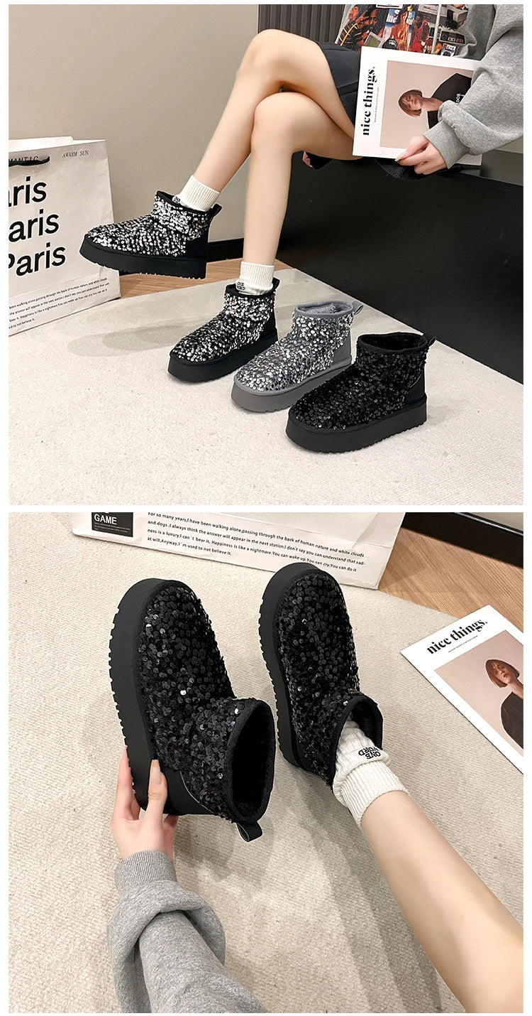 Winter New Warm 4CM Platform Snow Boots Black Bling Sequined Cloth Wool Lined Women Fashion Boots Luxurious shiny suede boots