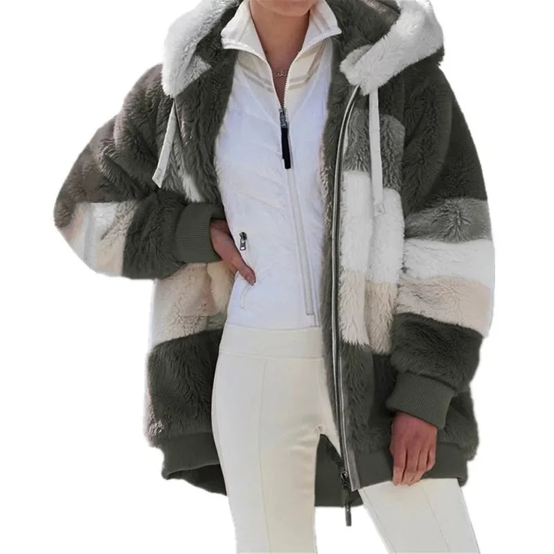 Winter Women Jacket Warm Plush Casual Loose Hooded Coat Mixed Color Patchwork Winter Outwear Faux Fur Zipper Ladies Parka Coat