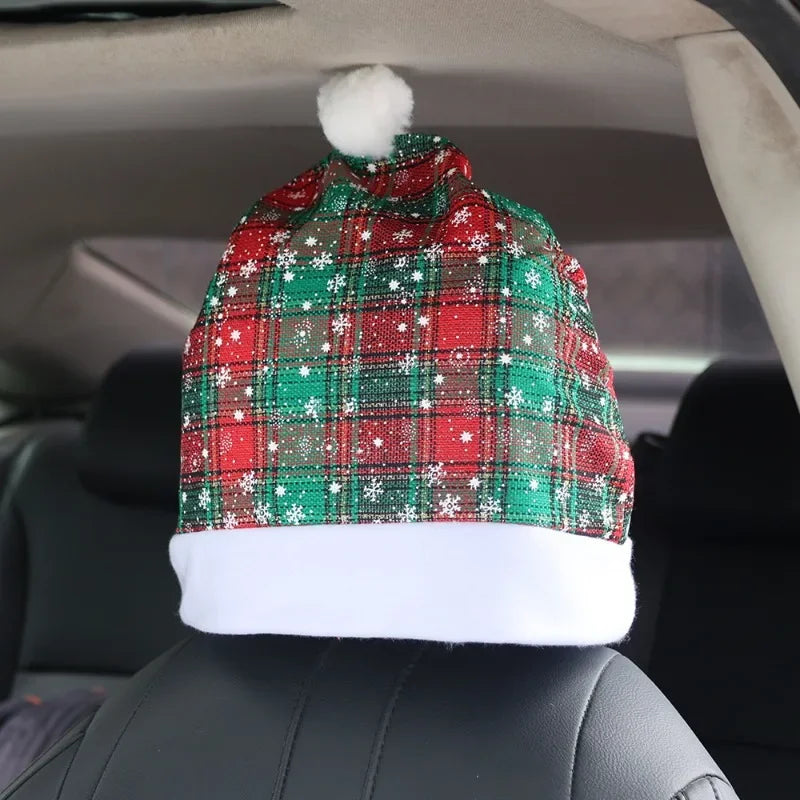 Christmas Car Seat Pillowcase Merry Christmas Santa's Hat Automotive Seat Headrest Cover Car Interior Decor Accessories Gift