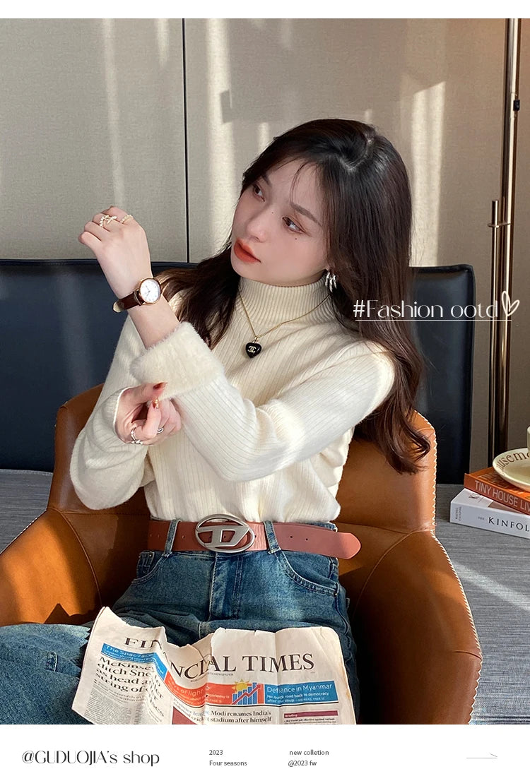 Women's Turtleneck Sweater Winter 2025 Retro with Velvet Lining Thickened Inner Wear Thermal Knitting Bottoming Shirt Pullovers