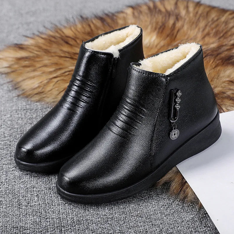 Winter Women Boots Leather Boots Warm Waterproof Cotton Shoes Soft Sole Plush Outdoor Snow Boot Non-slip Comfortable Ankle Boots