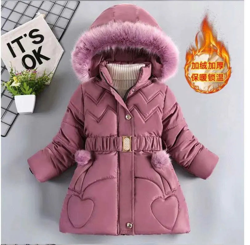 3 4 5 6 8 10 Years Winter Girls Coat Keep Warm Thicken Kids Jacket Hooded Zipper Fur Collar Princess Outerwear Children Clothing