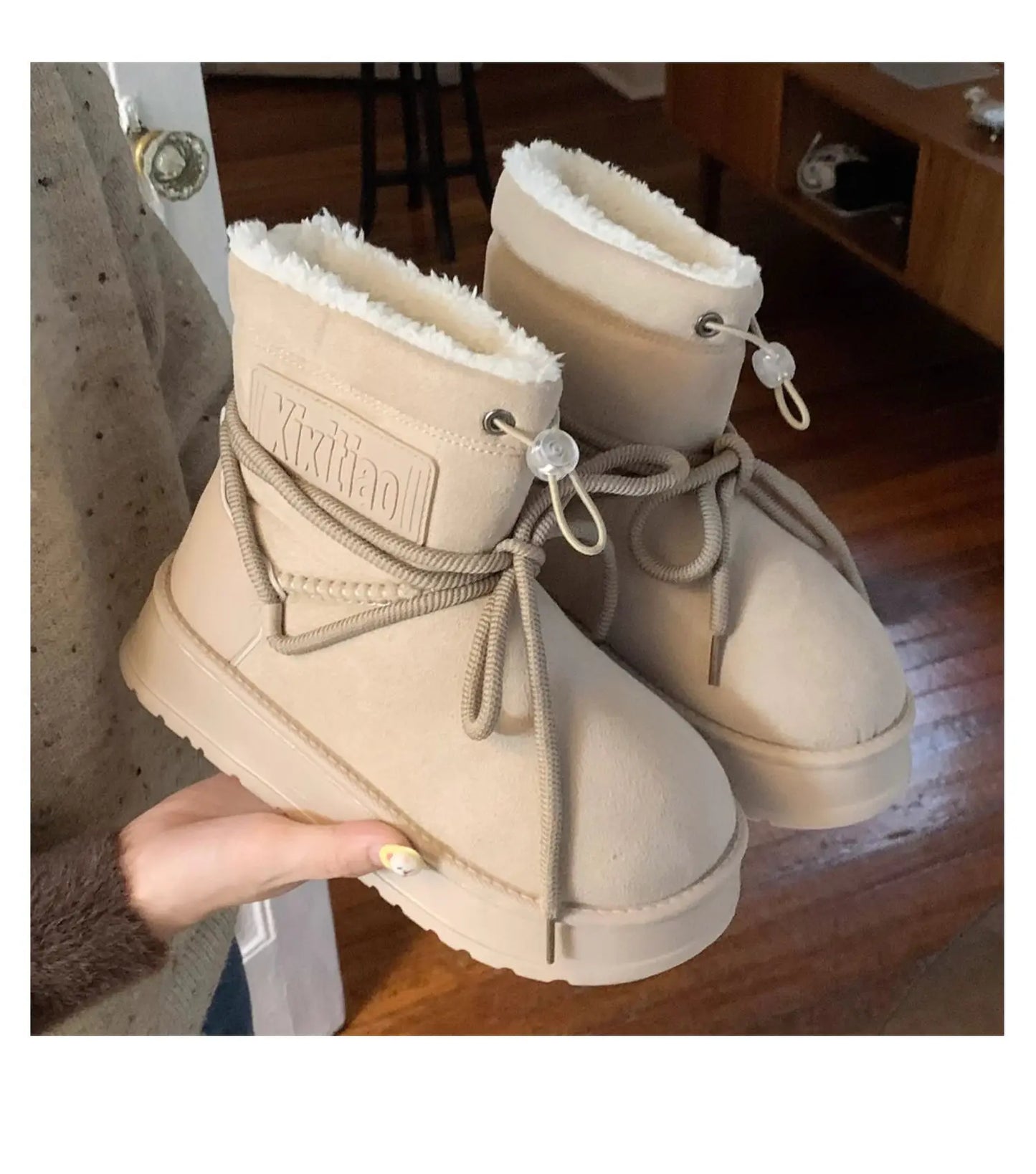 Winter Outdoor Women Ankle Snow Boots Ladies Plush Warm Shoes Classic Ultra Platform Cow Suede Furry Hook & Loop Flat Booties