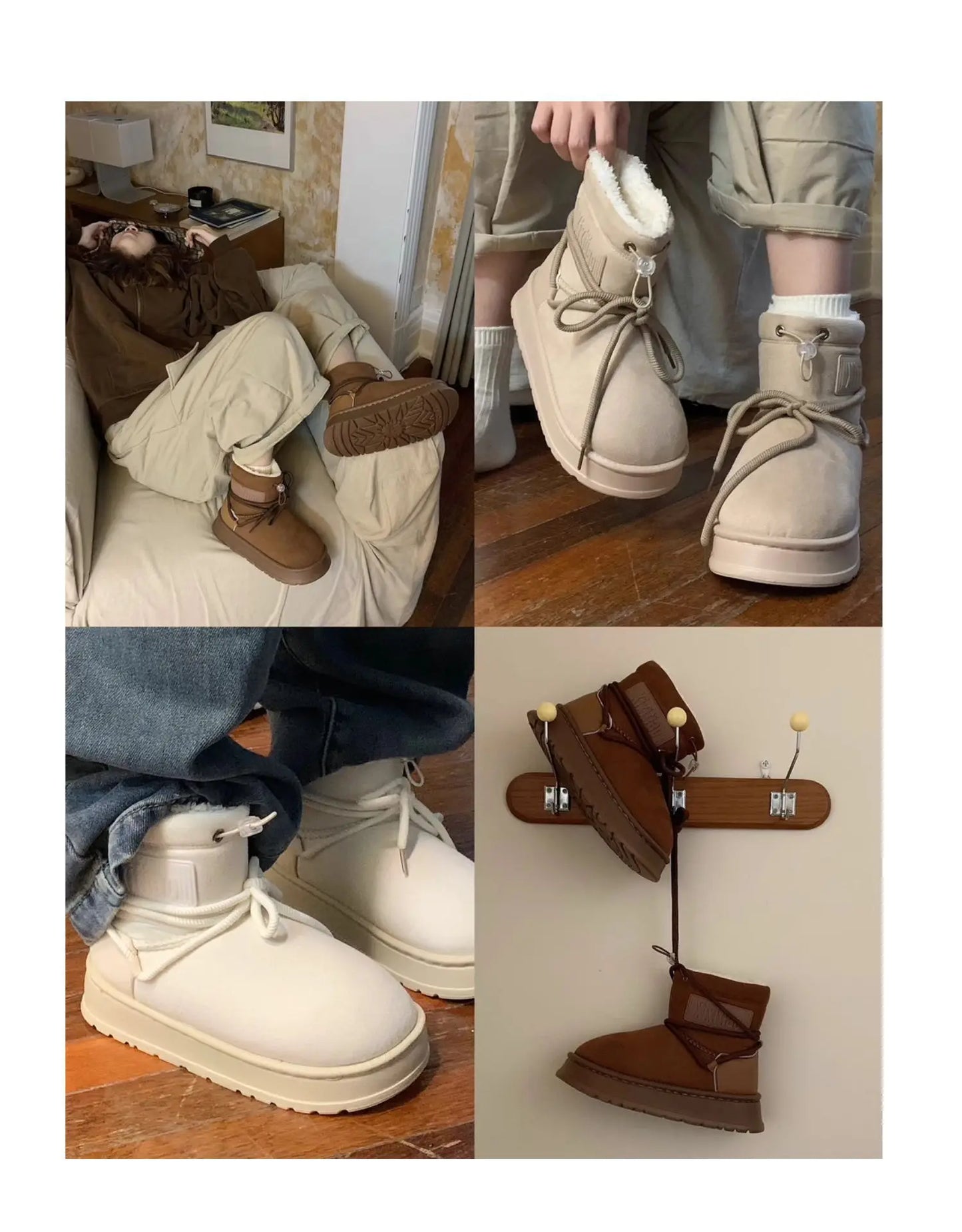 Winter Outdoor Women Ankle Snow Boots Ladies Plush Warm Shoes Classic Ultra Platform Cow Suede Furry Hook & Loop Flat Booties