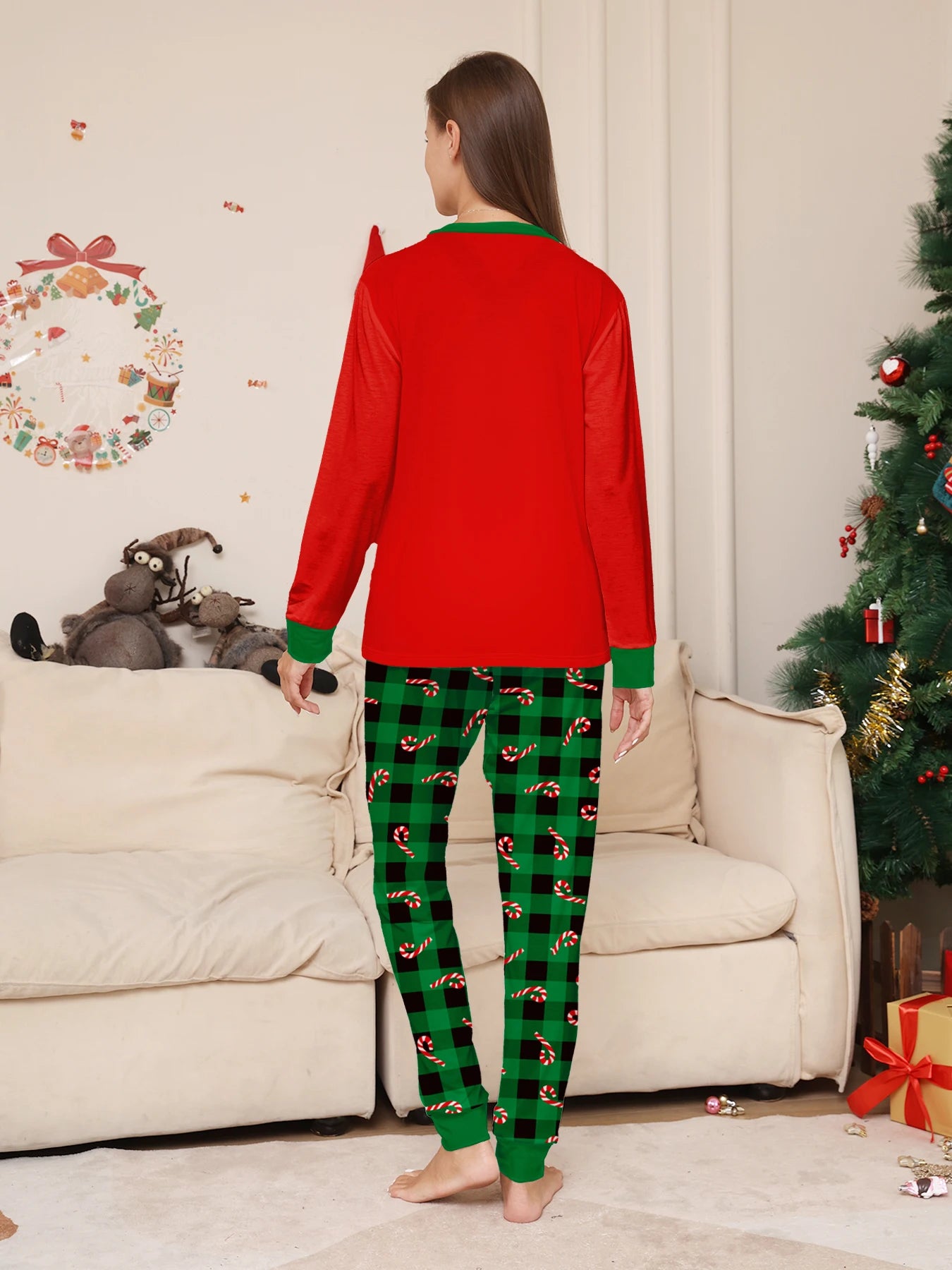 Matching Couple Christmas Sleepwear - Red "Merry Xmas" Top & Green Plaid Candy Cane Bottoms