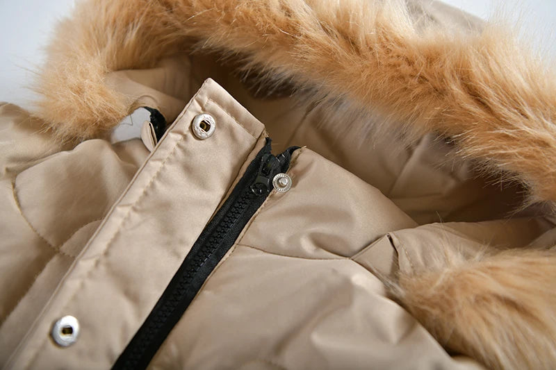 Winter Snow Suit For Girls, Fur Collar & Tunic Details Warm Cotton-padded Hooded Coat, Kids Outerwear