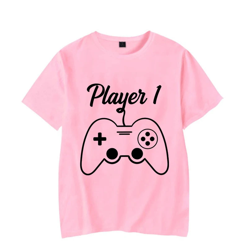 Couple Matching  T-Shirt Funny Game Player 1 Player 2 Shirts Short Sleeve Loose Women Men Tshirt Pregnancy Announcement Tops