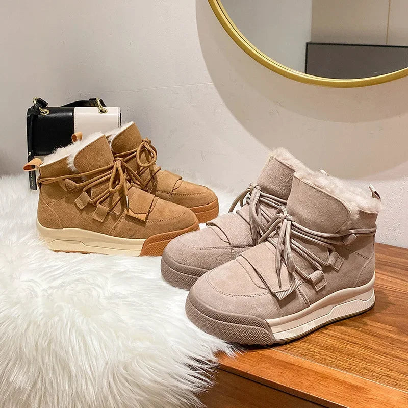 Winter Snow Boots Women Genuine Cow Leather Artificial Wool Solid Color Lace-up 2024 Warm Ladies Shoes Handmade