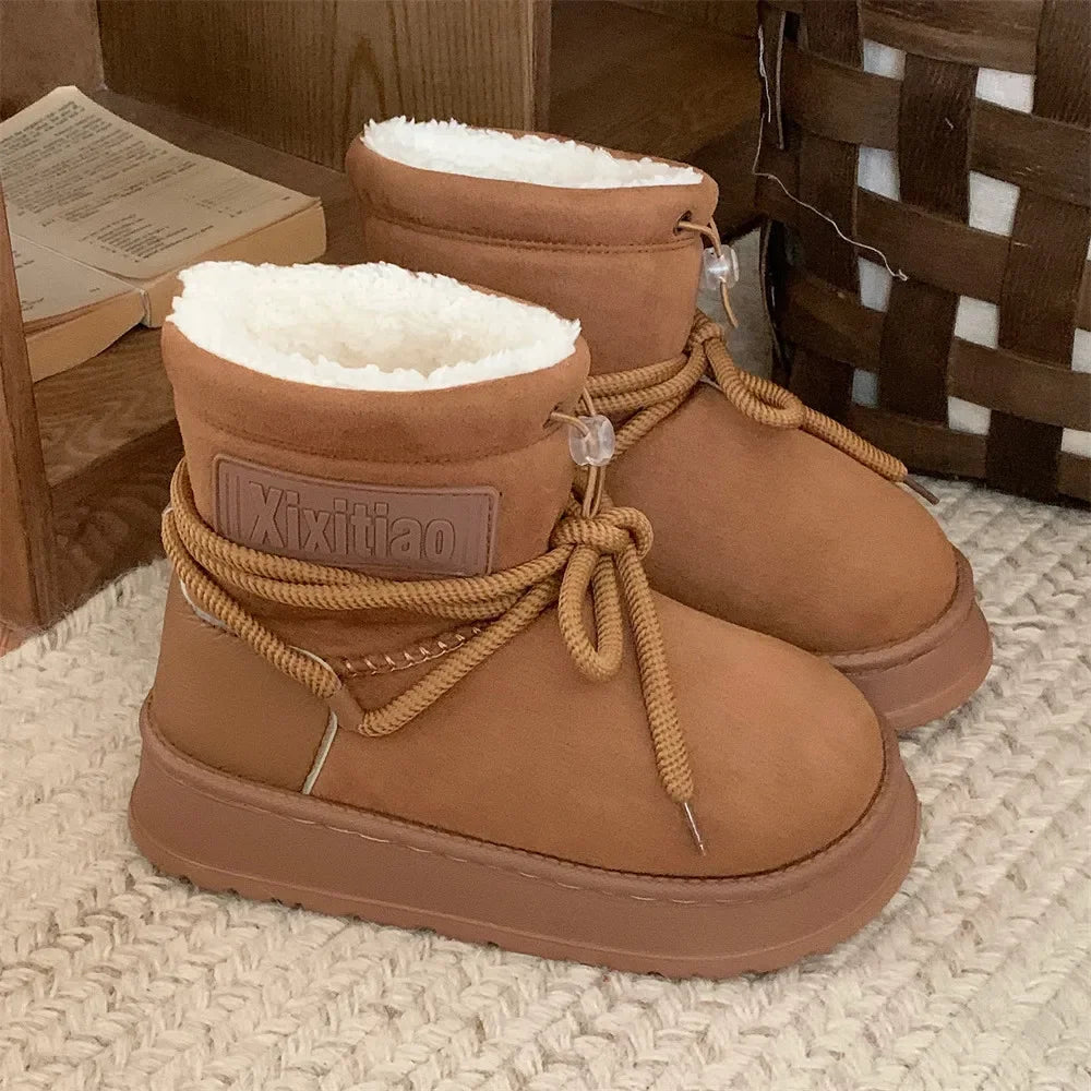 Winter Outdoor Women Ankle Snow Boots Ladies Plush Warm Shoes Classic Ultra Platform Cow Suede Furry Hook & Loop Flat Booties