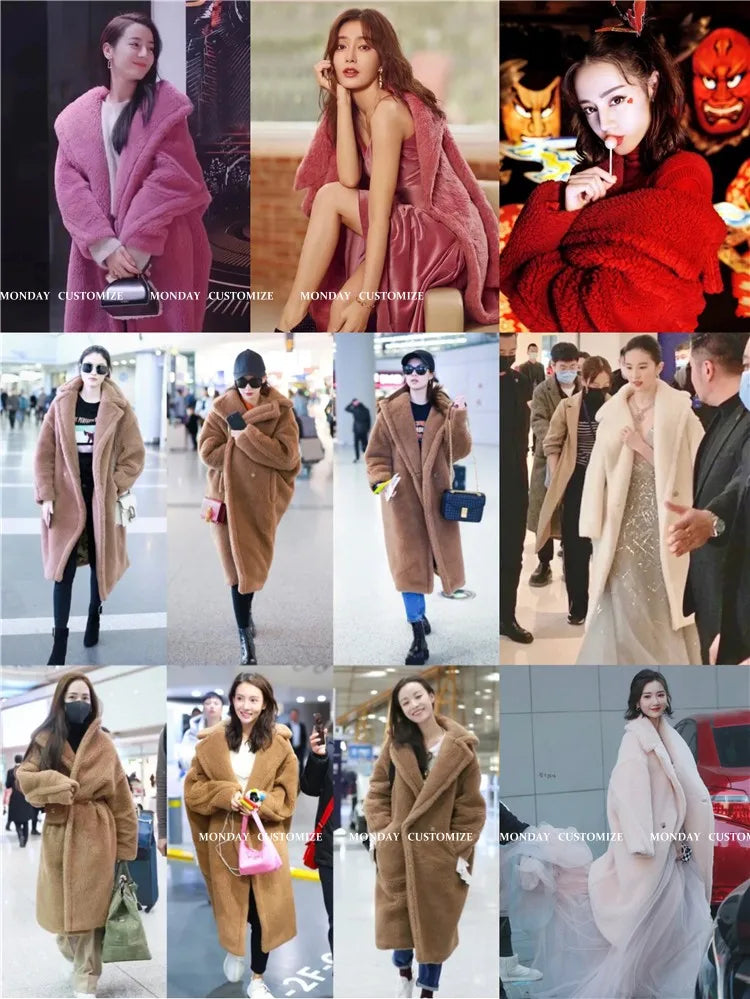 Winter Jacket Women Long Coat  Wool Woven Fabric Thick Warm Outerwear Oversize Fashion Streetwear Teddy Bear Coats