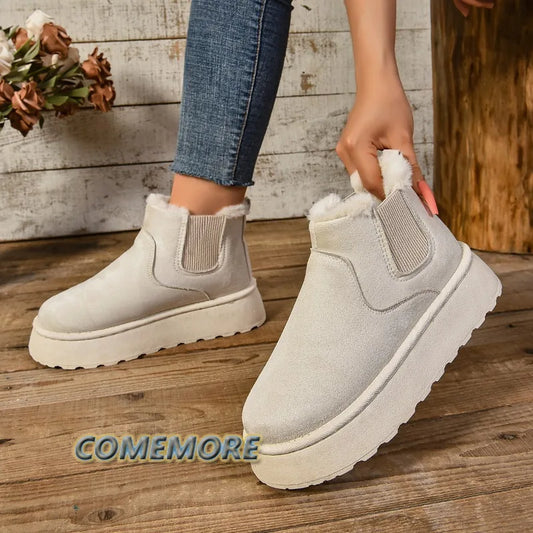 Winter Women Short Plush Warm Snow Boots Casual Shoes New Suede Fur Chelsea Ankle Boots Flats Platform Ladies Shoes Comfortable