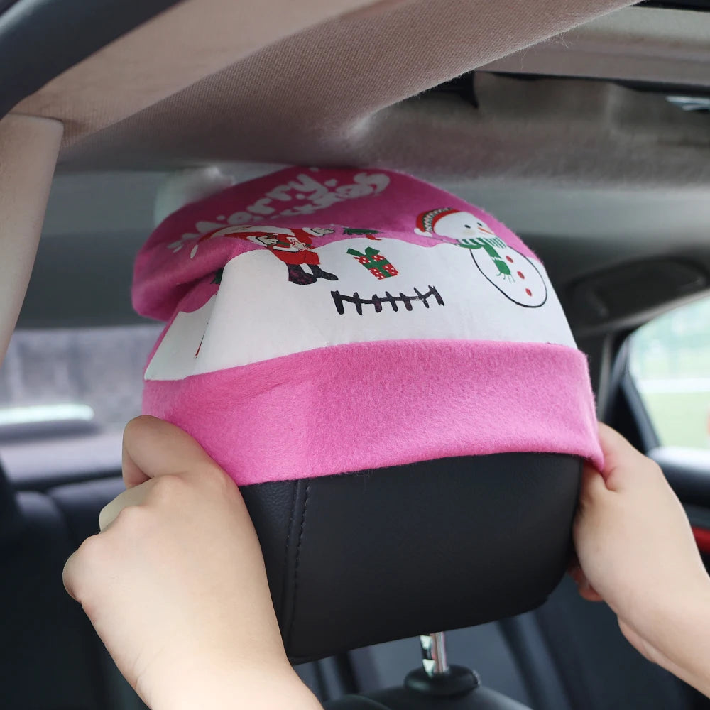 Christmas Car Seat Pillowcase Merry Christmas Santa's Hat Automotive Seat Headrest Cover Car Interior Decor Accessories Gift