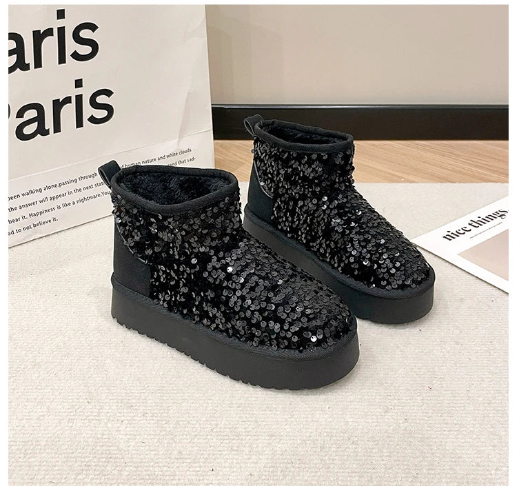 Winter New Warm 4CM Platform Snow Boots Black Bling Sequined Cloth Wool Lined Women Fashion Boots Luxurious shiny suede boots