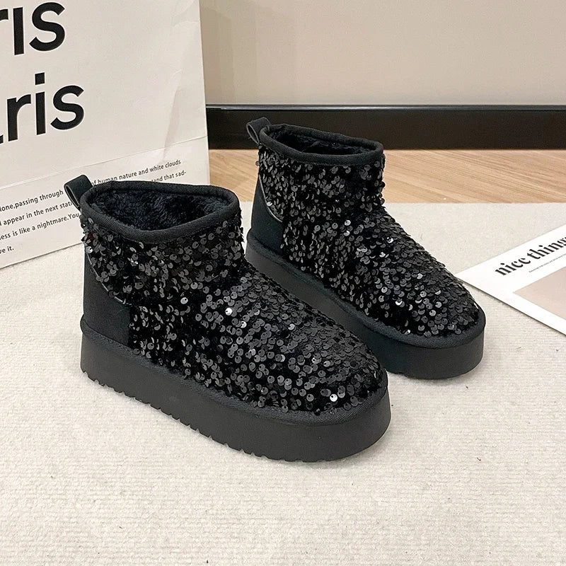 Winter New Warm 4CM Platform Snow Boots Black Bling Sequined Cloth Wool Lined Women Fashion Boots Luxurious shiny suede boots