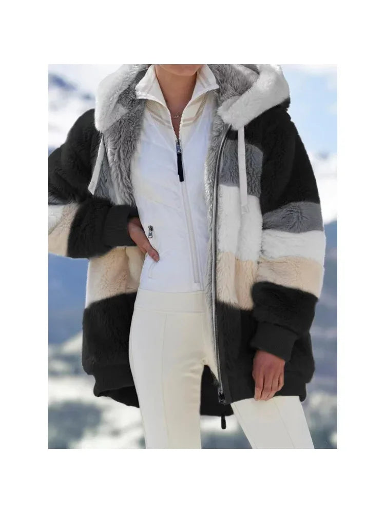 Winter Women Jacket Warm Plush Casual Loose Hooded Coat Mixed Color Patchwork Winter Outwear Faux Fur Zipper Ladies Parka Coat