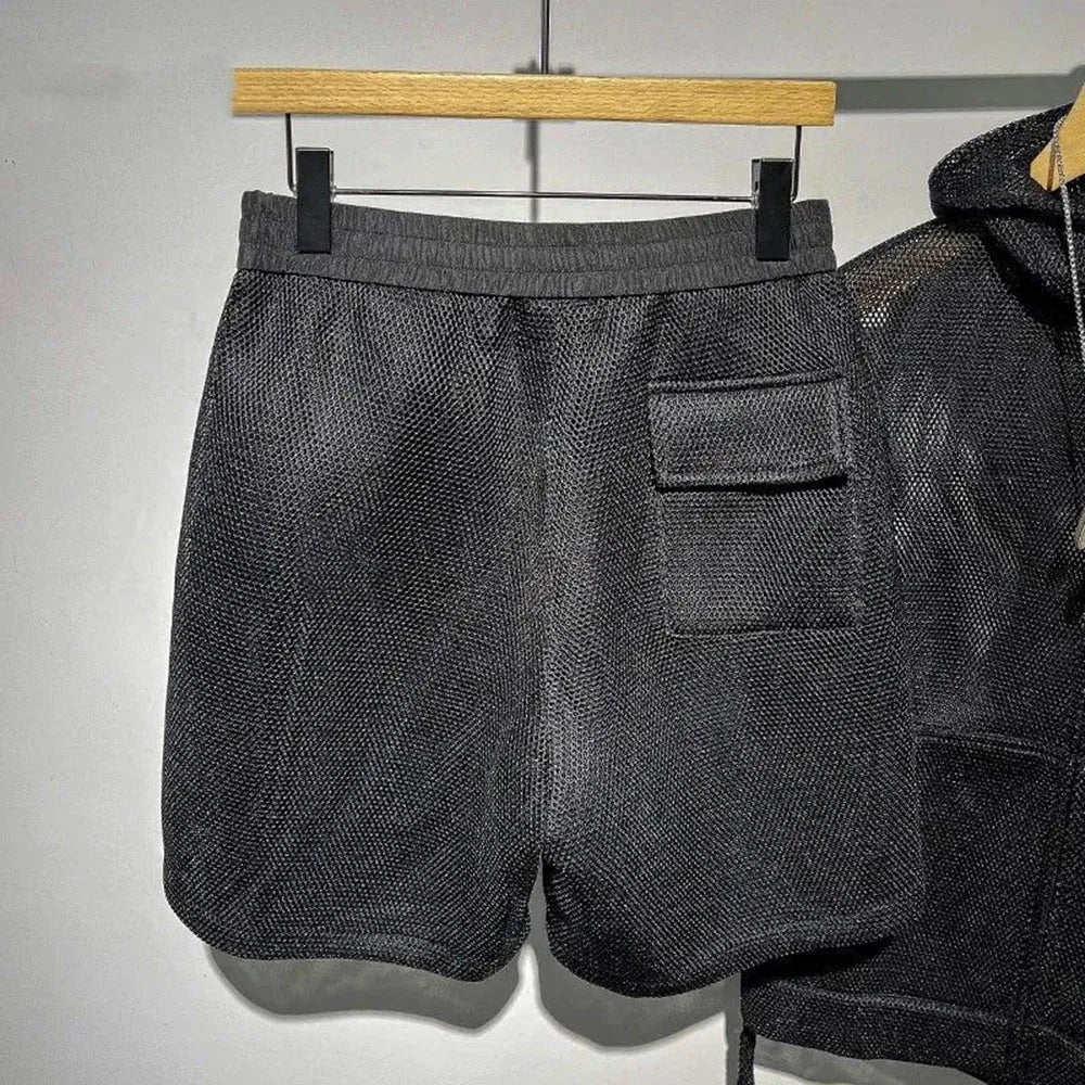 Mens Casual Two-Piece Clothing 2024 Summer Men'S Solid Color Full-Print Mesh Fashion Trend Loose Shorts Hooded Vest Mens Suit