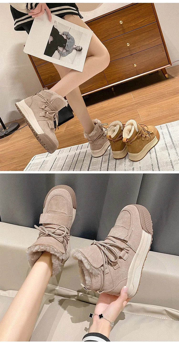 Winter Snow Boots Women Genuine Cow Leather Artificial Wool Solid Color Lace-up 2024 Warm Ladies Shoes Handmade