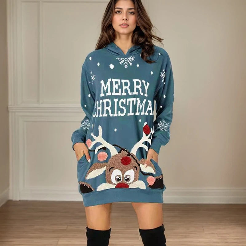 Christmas Printed Loose Hoodied Dress Casual Elk Pattern Long Sleeve Pocket Hoodie Hip-covering Skirt Fashion Christmas Dresses