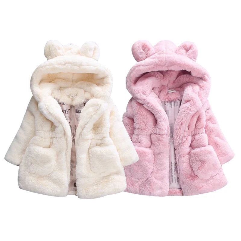 Girls' Winter Clothes Soft Cozy Fleece Hooded Coat Faux Fur Thicken Warm Girl Coat With Cute Ears Thick Warm Outwear Overcoat