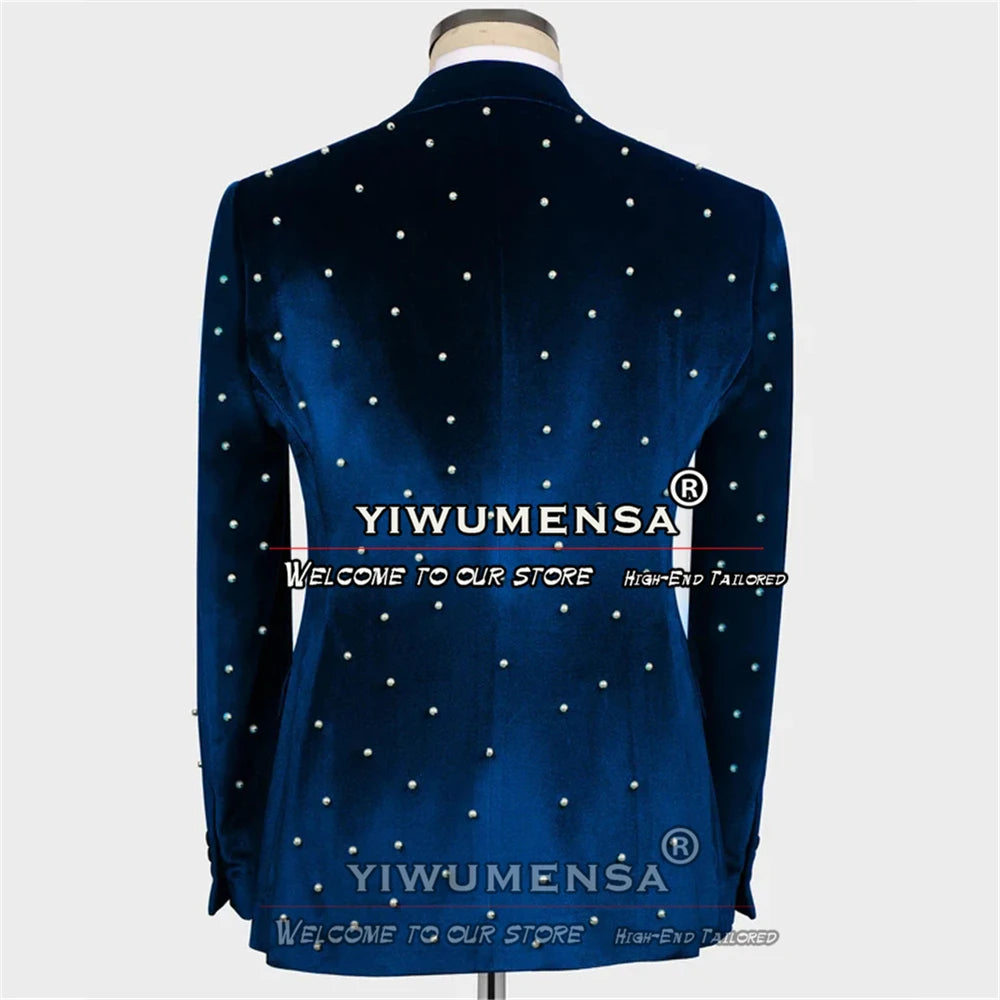 Luxury Wedding Suits For Men Groom Wear Tuxedo Handmade Pearls Velvet Jacket Male Banquet Party Dress Tailor-Made 3 Pieces Set