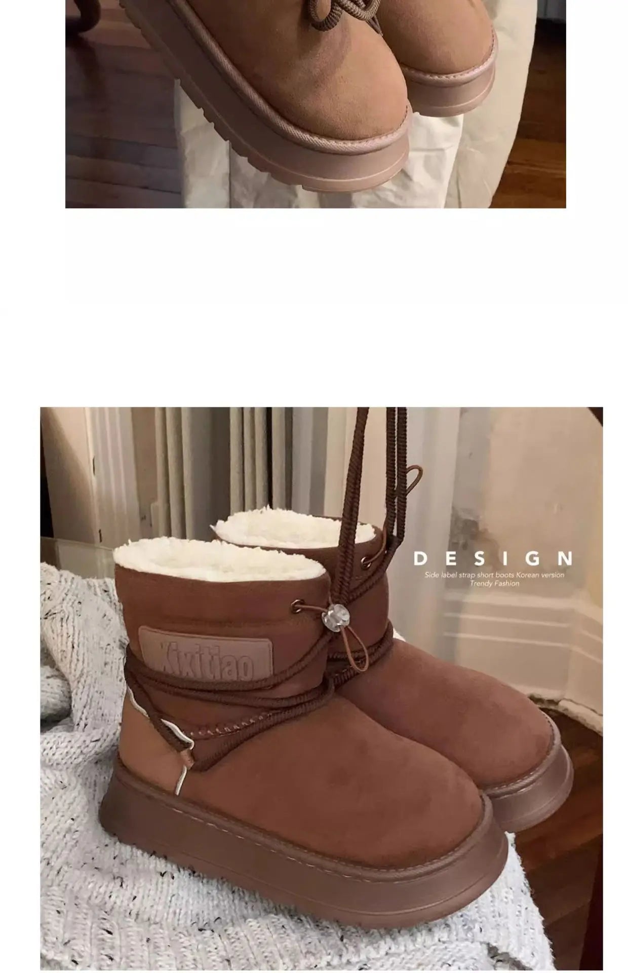 Winter Outdoor Women Ankle Snow Boots Ladies Plush Warm Shoes Classic Ultra Platform Cow Suede Furry Hook & Loop Flat Booties