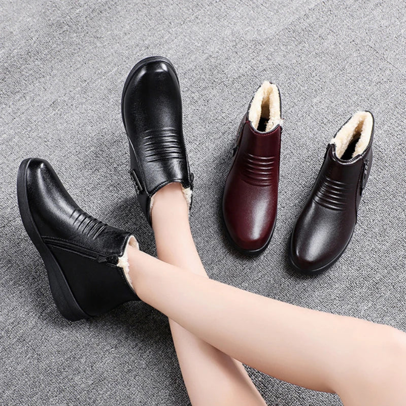 Winter Women Boots Leather Boots Warm Waterproof Cotton Shoes Soft Sole Plush Outdoor Snow Boot Non-slip Comfortable Ankle Boots