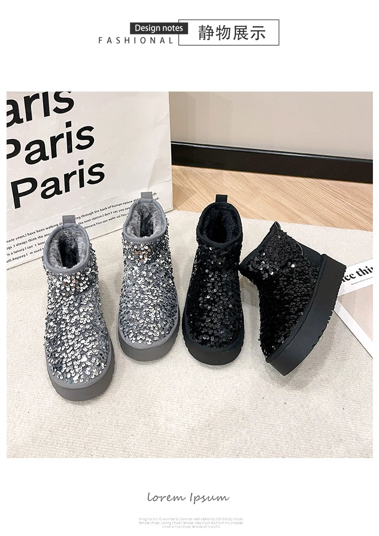 Winter New Warm 4CM Platform Snow Boots Black Bling Sequined Cloth Wool Lined Women Fashion Boots Luxurious shiny suede boots