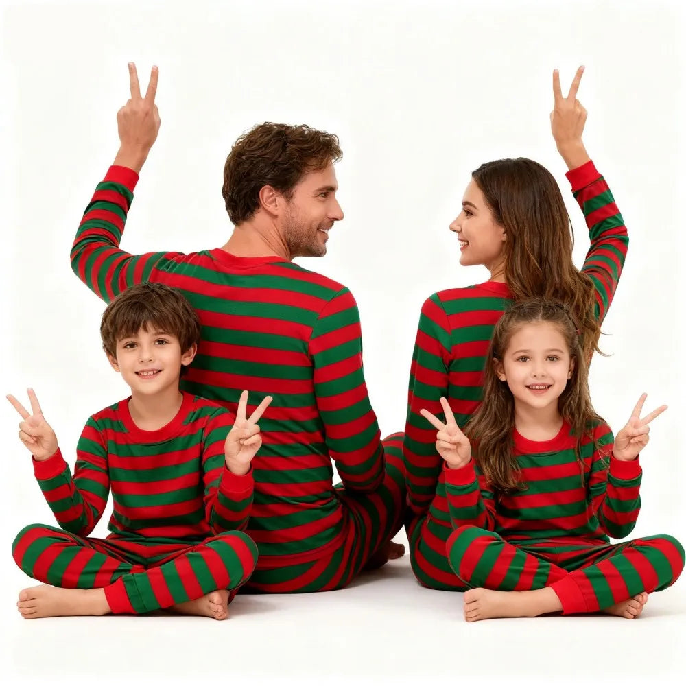 Family Matching Christmas Pajamas Sets Red Green Striped Sleepwear Xmas Festive Pjs for Dad Mom Kids Baby Loungewear Outfits