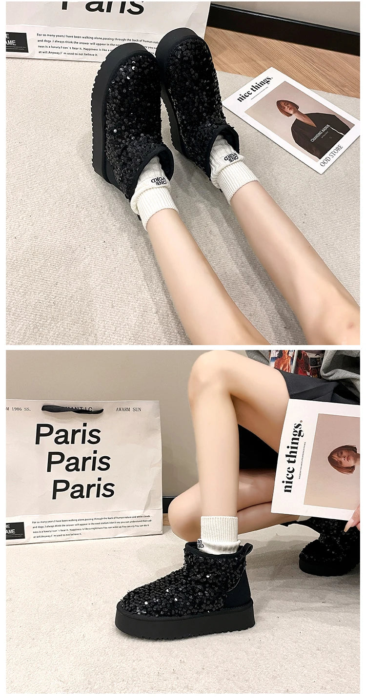 Winter New Warm 4CM Platform Snow Boots Black Bling Sequined Cloth Wool Lined Women Fashion Boots Luxurious shiny suede boots