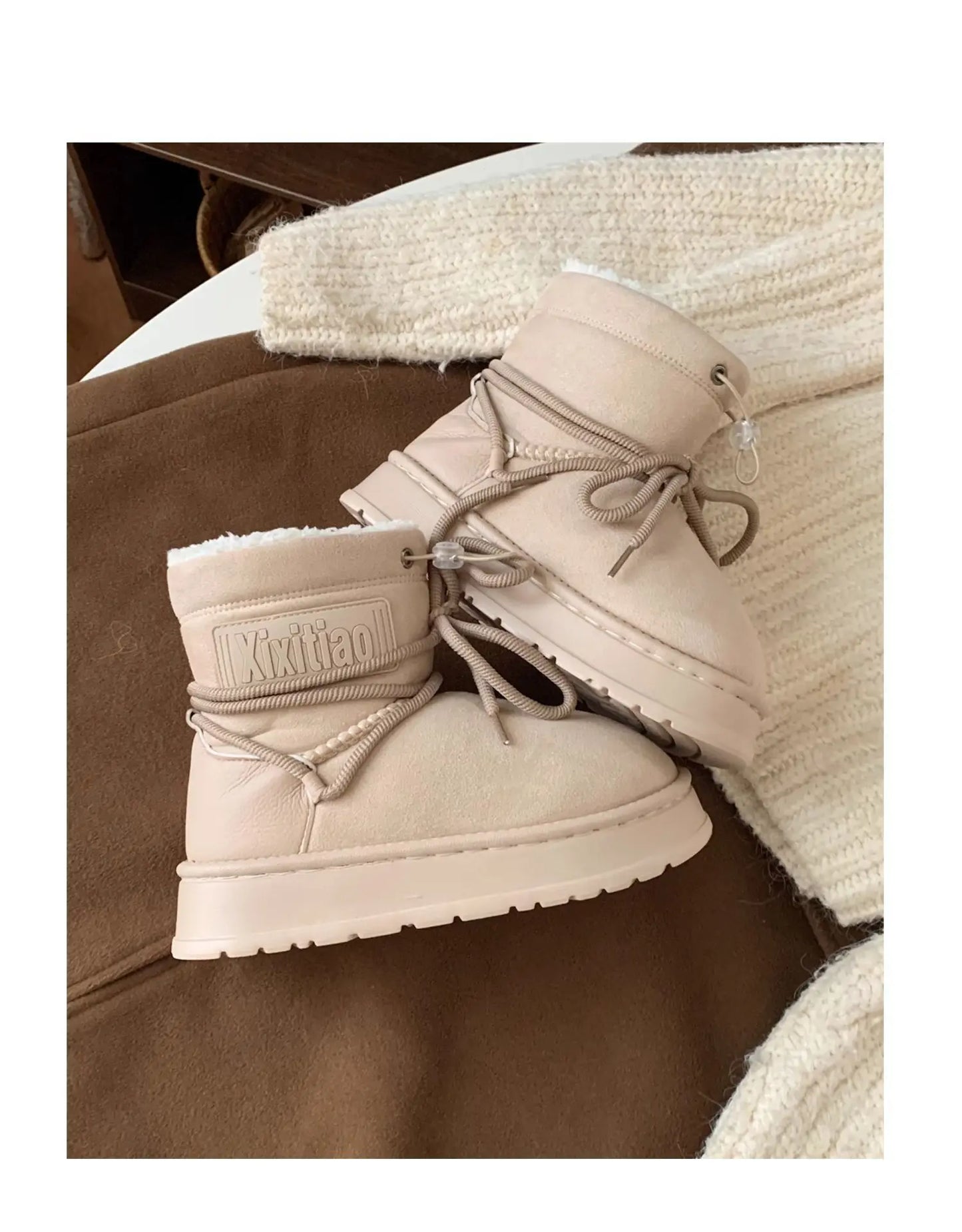 Winter Outdoor Women Ankle Snow Boots Ladies Plush Warm Shoes Classic Ultra Platform Cow Suede Furry Hook & Loop Flat Booties