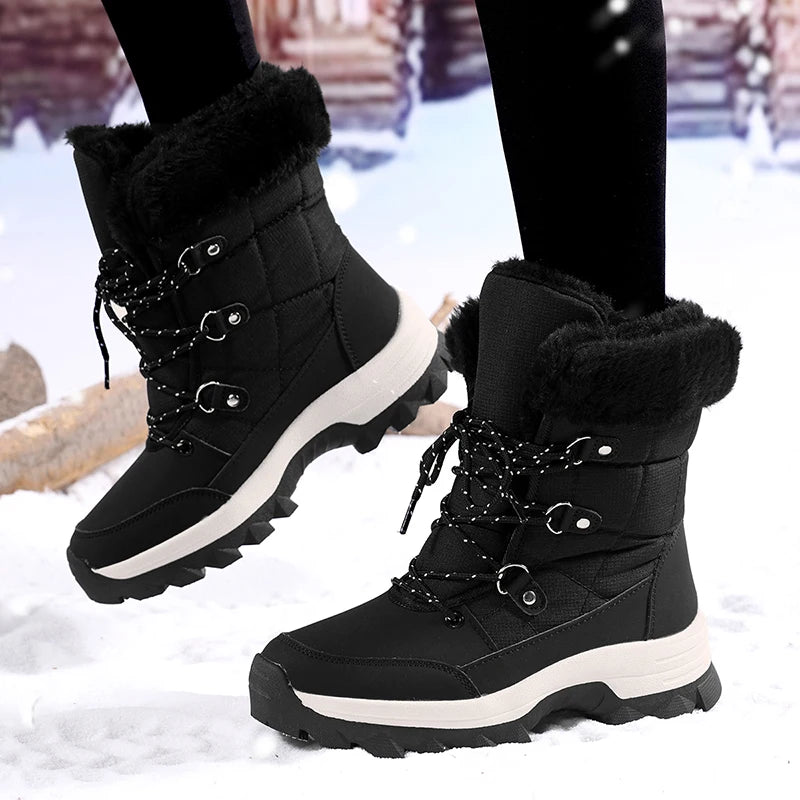 Winter Snow Boots for Couples Slip-Resistant Outdoor Waterproof Mid-Calf Boots With Warm Faux Fur Lining Fashionable and Trendy