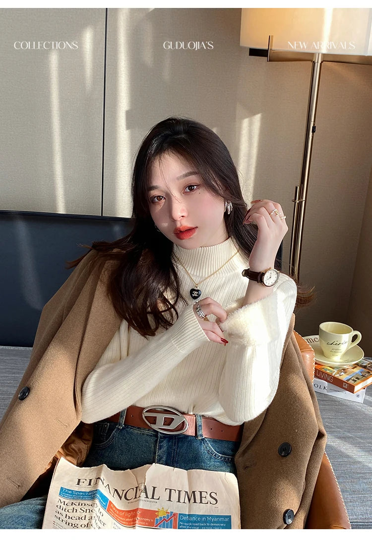 Women's Turtleneck Sweater Winter 2025 Retro with Velvet Lining Thickened Inner Wear Thermal Knitting Bottoming Shirt Pullovers