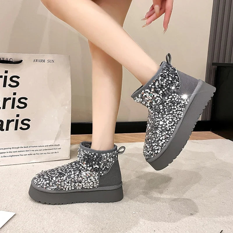 Winter New Warm 4CM Platform Snow Boots Black Bling Sequined Cloth Wool Lined Women Fashion Boots Luxurious shiny suede boots
