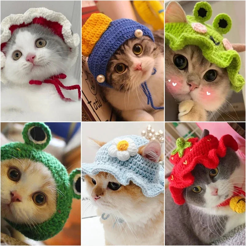 Cute Cat Hat Funny Pets Party Cosplay Headwear Delicate Hemming Pendant Decor Elasticity Knitted Hat Pet Accessories