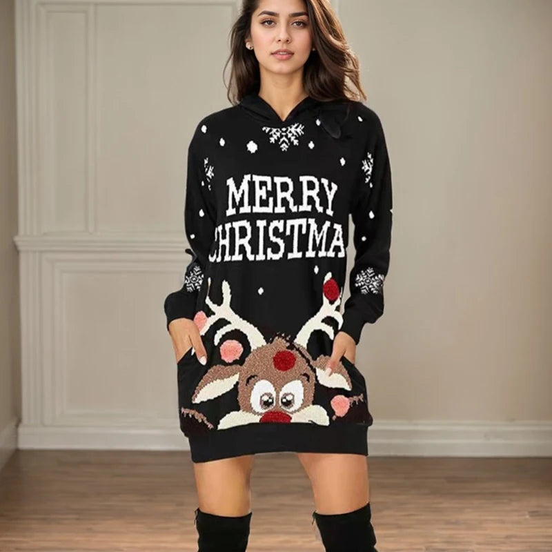Christmas Printed Loose Hoodied Dress Casual Elk Pattern Long Sleeve Pocket Hoodie Hip-covering Skirt Fashion Christmas Dresses