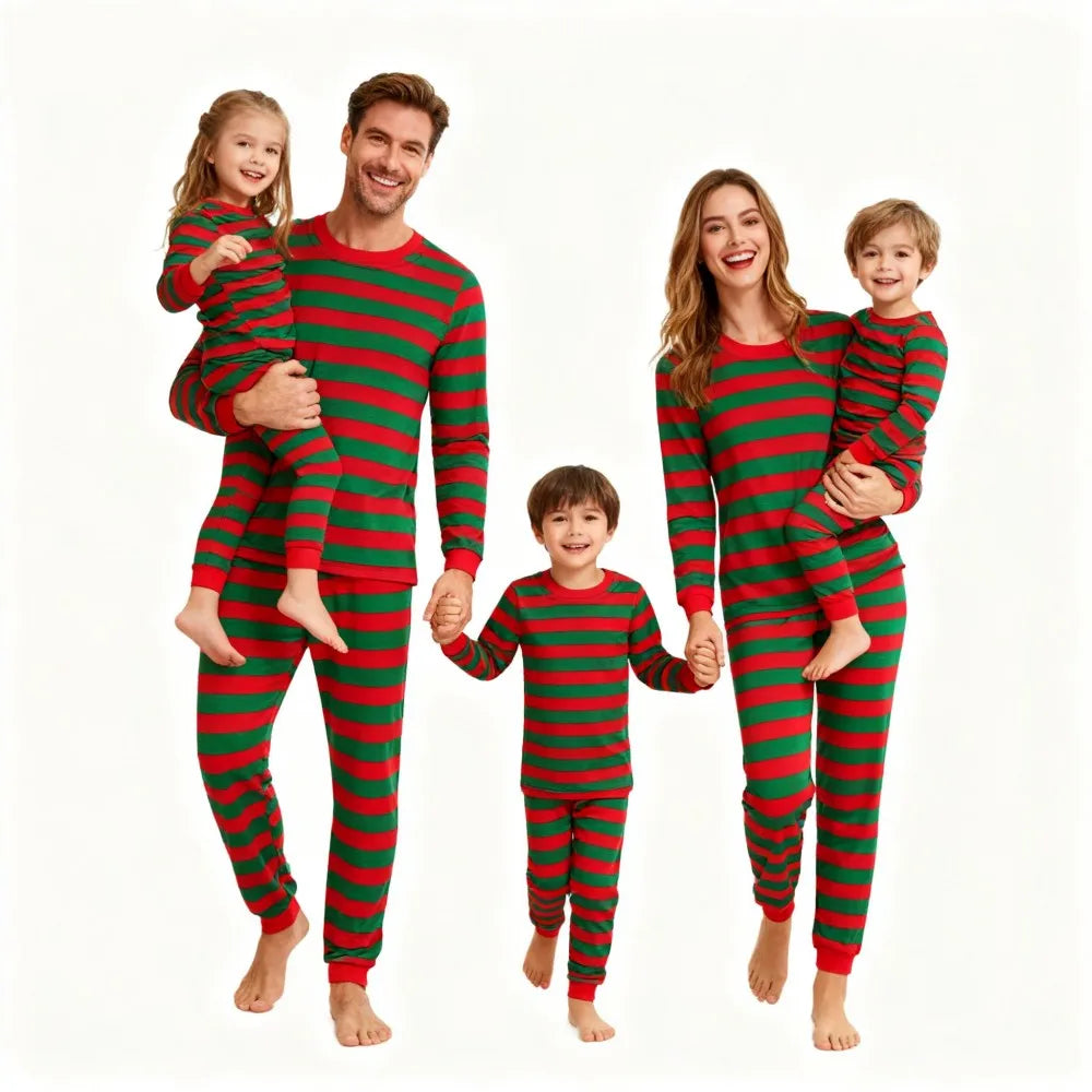 Family Matching Christmas Pajamas Sets Red Green Striped Sleepwear Xmas Festive Pjs for Dad Mom Kids Baby Loungewear Outfits
