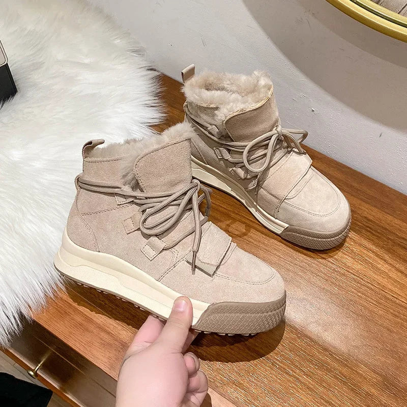 Winter Snow Boots Women Genuine Cow Leather Artificial Wool Solid Color Lace-up 2024 Warm Ladies Shoes Handmade