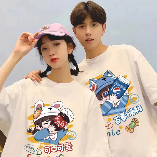 Summer Couple T-Shirts Matching Funny Cartoon Print Tees Trendy Casual Short Sleeve Unisex Graphic Tops Kawaii Streetwear Couple