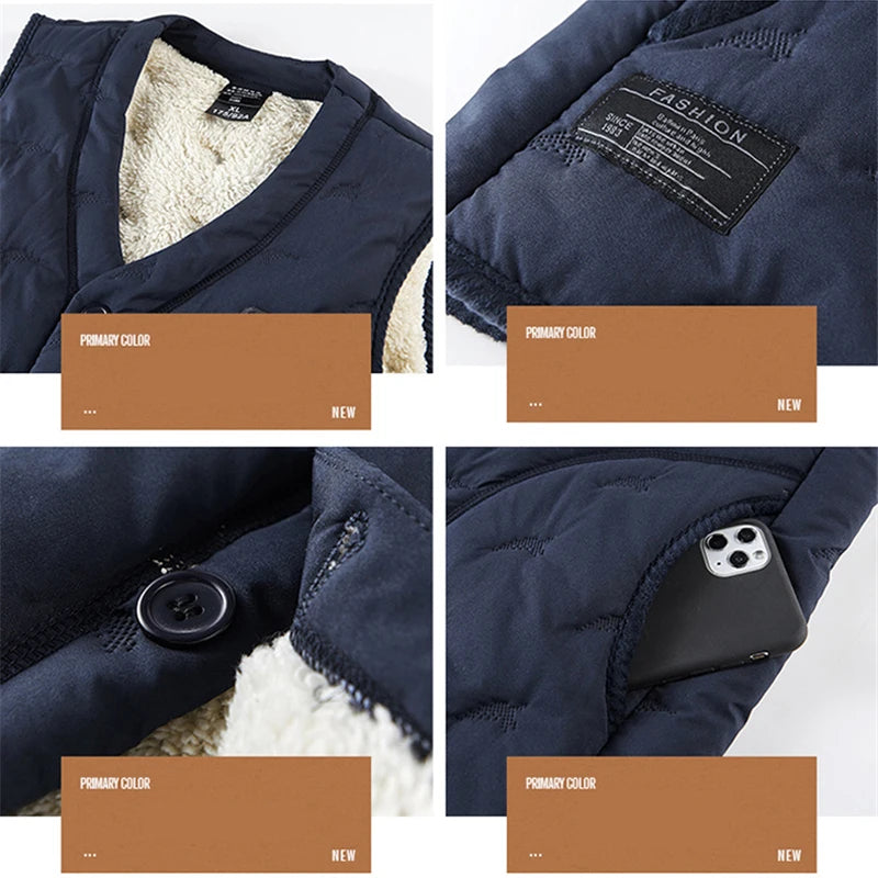 Winter Men's Vest Jackets Waterproof Outerwear Button Sleeveless Coats Warm Jacket Casual Lightweight Thick Sherpa Lined Vests