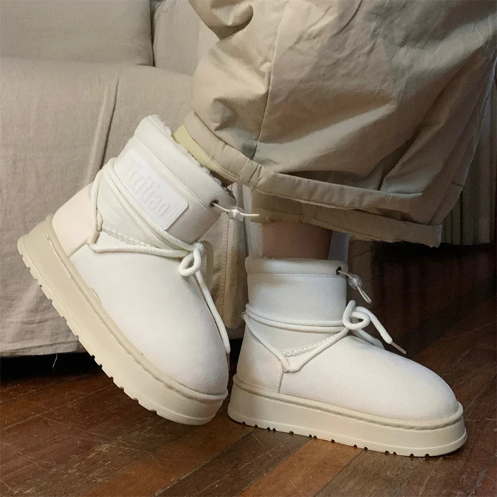 Winter Outdoor Women Ankle Snow Boots Ladies Plush Warm Shoes Classic Ultra Platform Cow Suede Furry Hook & Loop Flat Booties