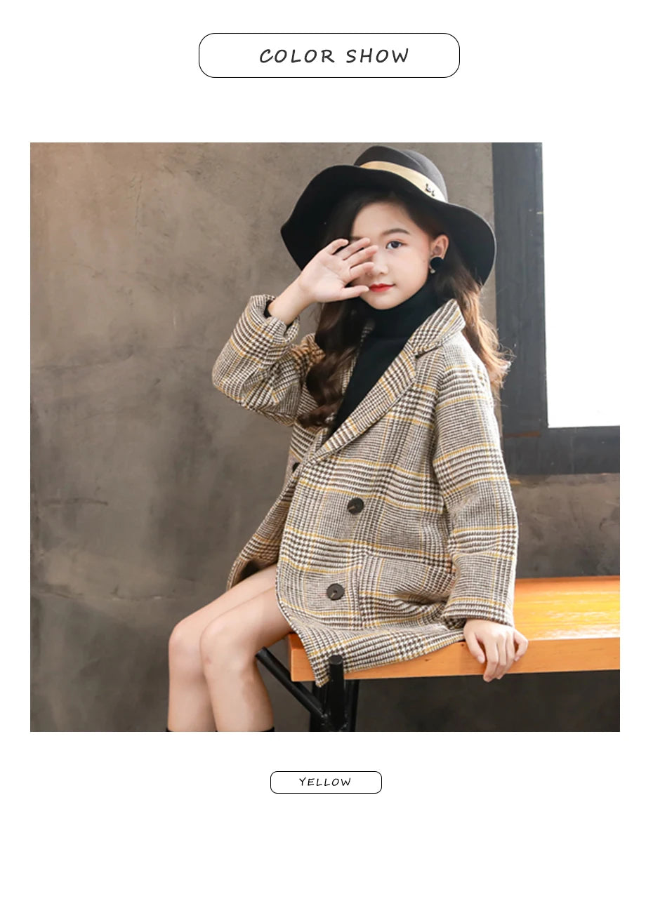 Winter Woolen Coat for Girl Thick Jacket Toddler Girls Plaid Outerwear Kids Clothes Autumn England Teenage Trench School Uniform