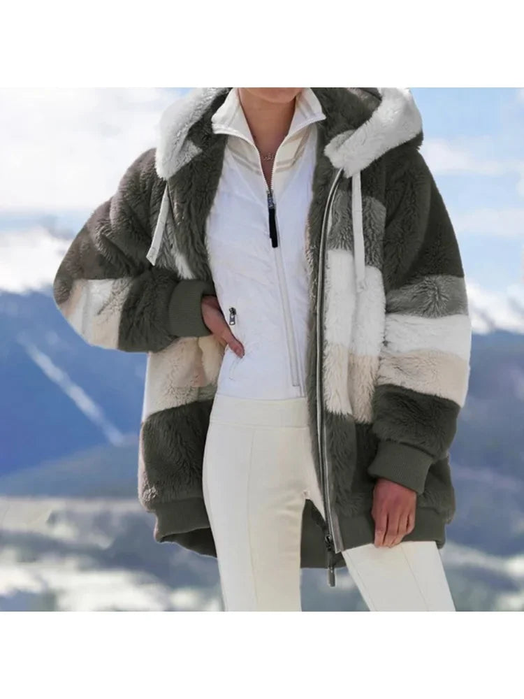 Winter Women Jacket Warm Plush Casual Loose Hooded Coat Mixed Color Patchwork Winter Outwear Faux Fur Zipper Ladies Parka Coat